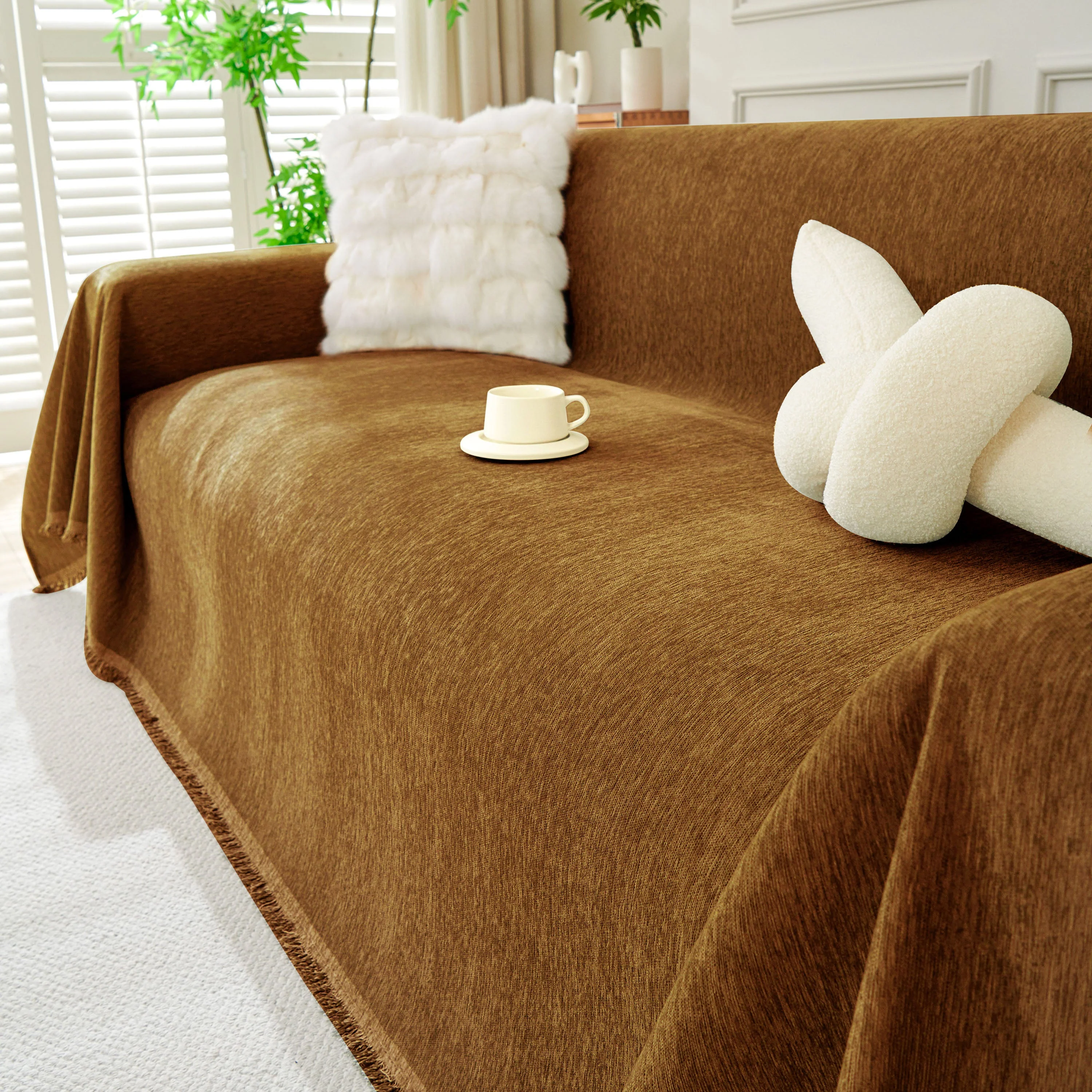 Solid Color Chenille Sofa Throw Blanket, Soft & Plush Decorative Couch Throw Cover - Image 31