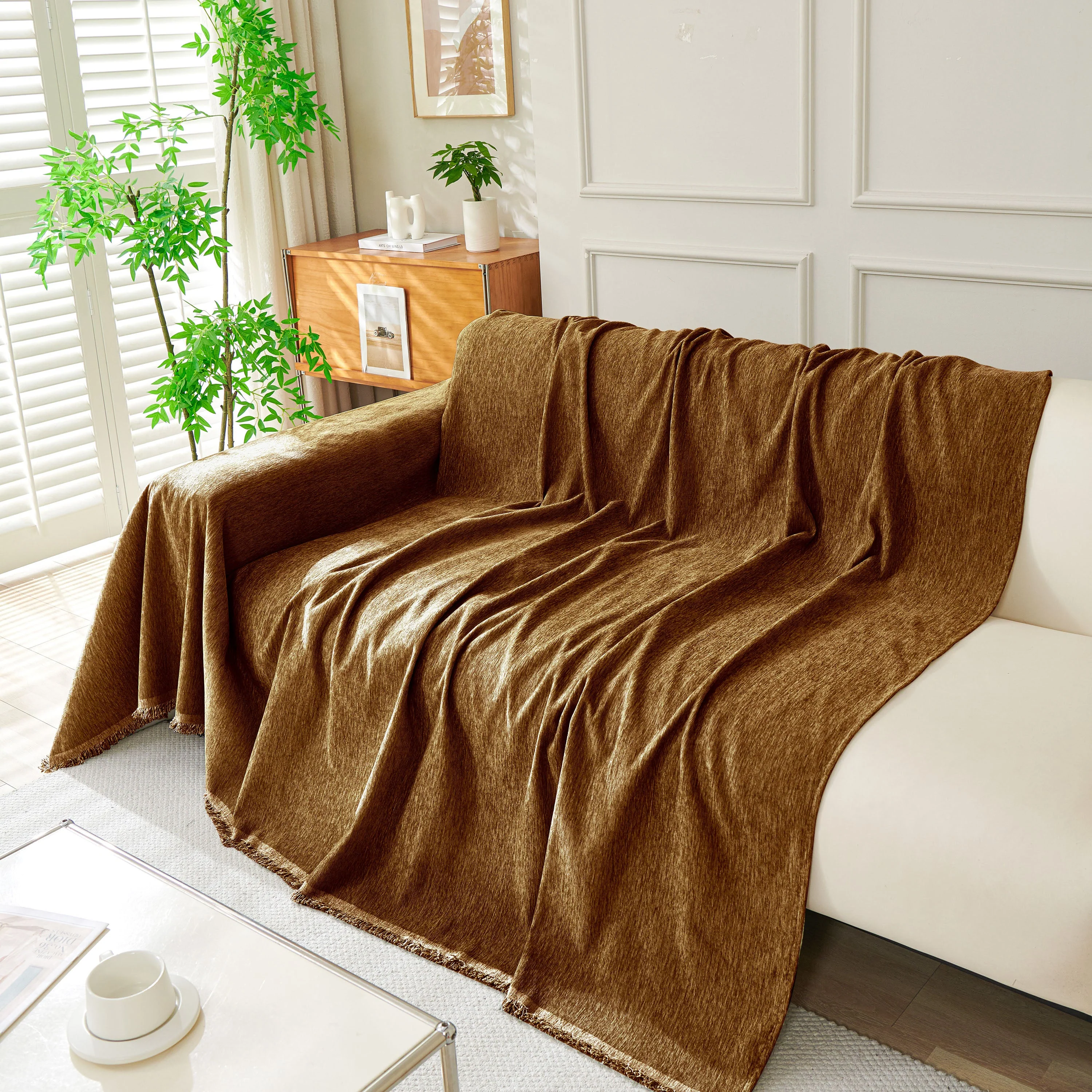 Solid Color Chenille Sofa Throw Blanket, Soft & Plush Decorative Couch Throw Cover - Image 35