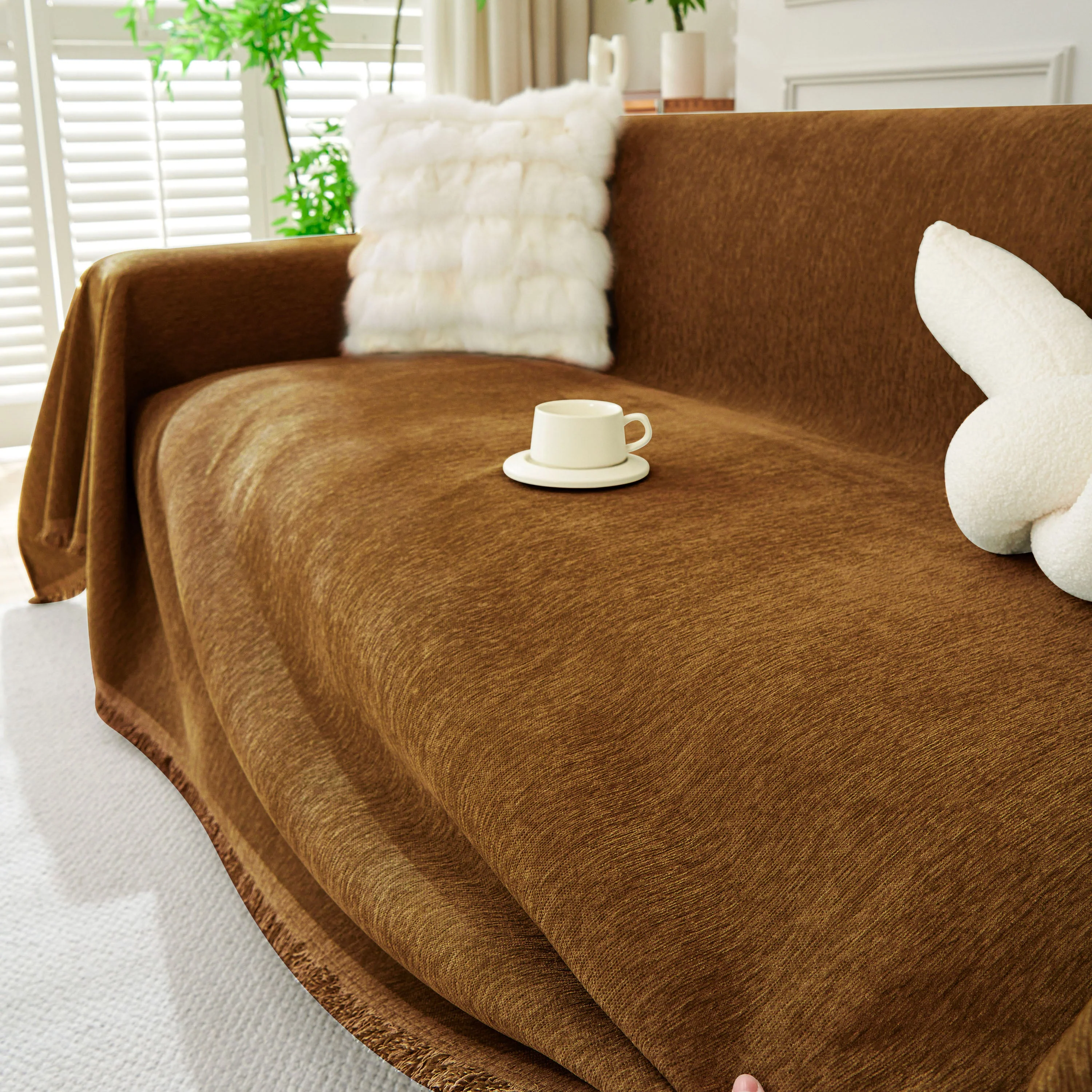 Solid Color Chenille Sofa Throw Blanket, Soft & Plush Decorative Couch Throw Cover - Image 36