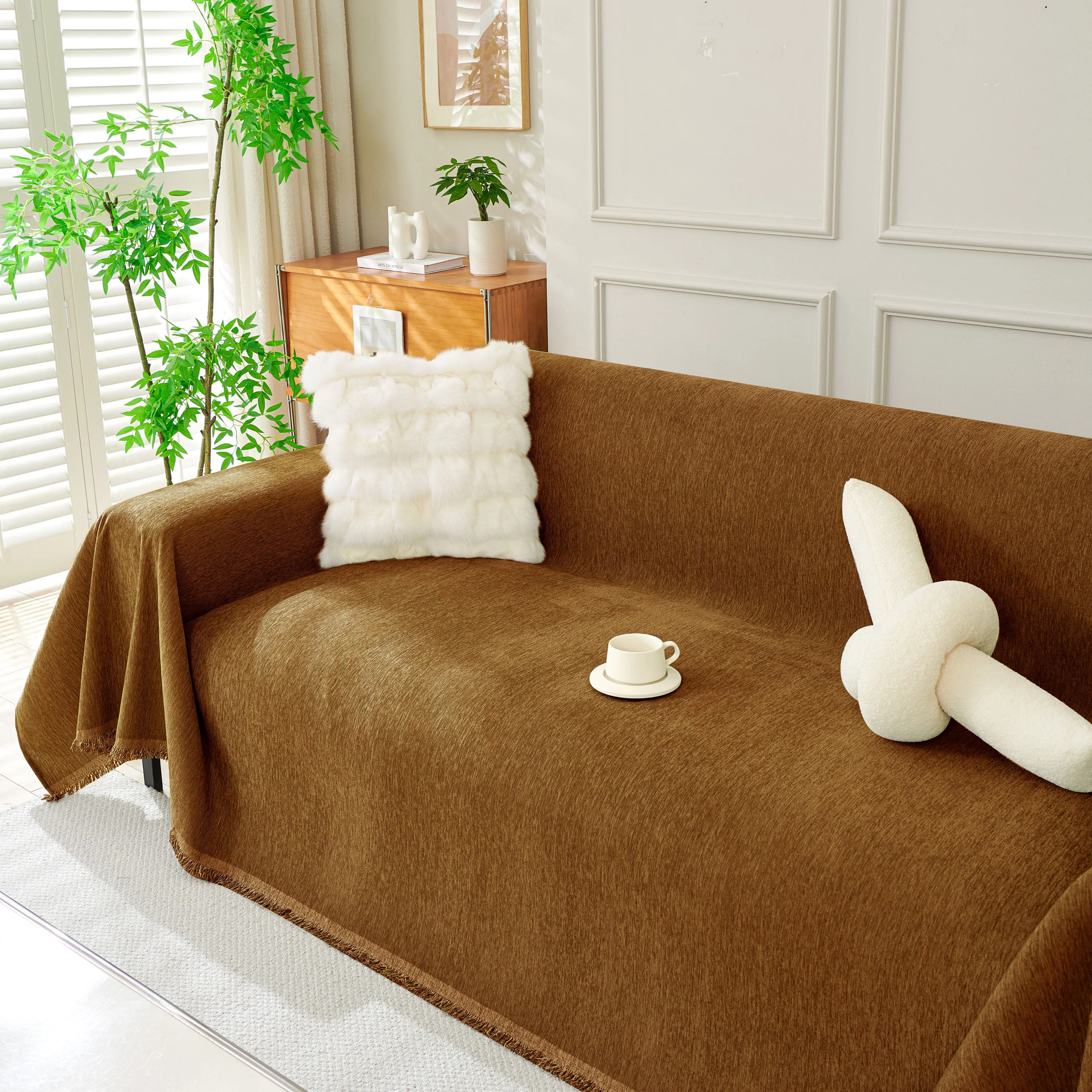 Solid Color Chenille Sofa Throw Blanket, Soft & Plush Decorative Couch Throw Cover - Image 37