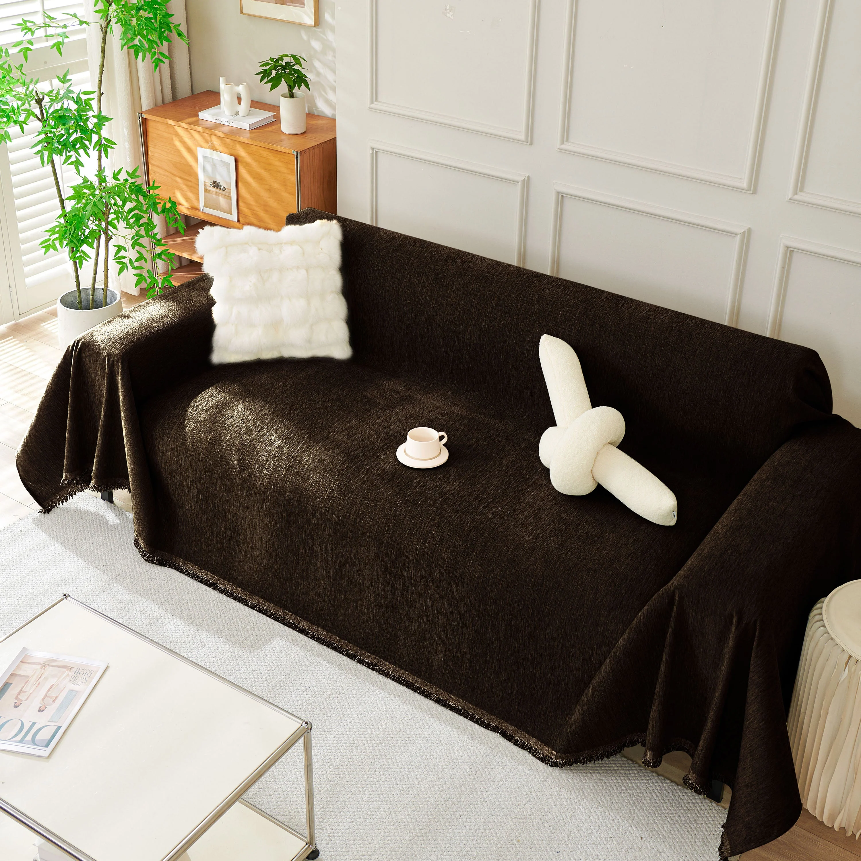 Solid Color Chenille Sofa Throw Blanket, Soft & Plush Decorative Couch Throw Cover - Image 42