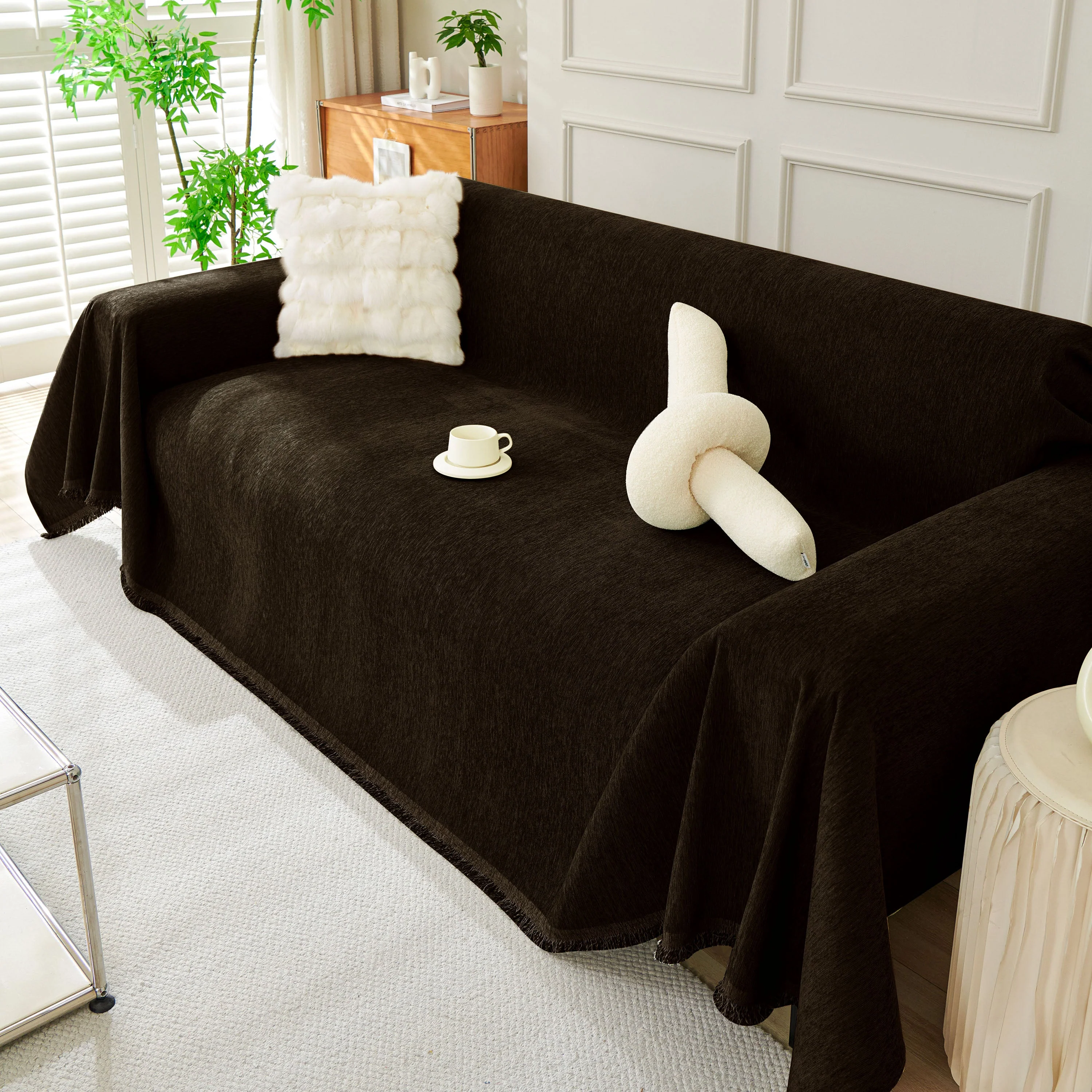 Solid Color Chenille Sofa Throw Blanket, Soft & Plush Decorative Couch Throw Cover - Image 44