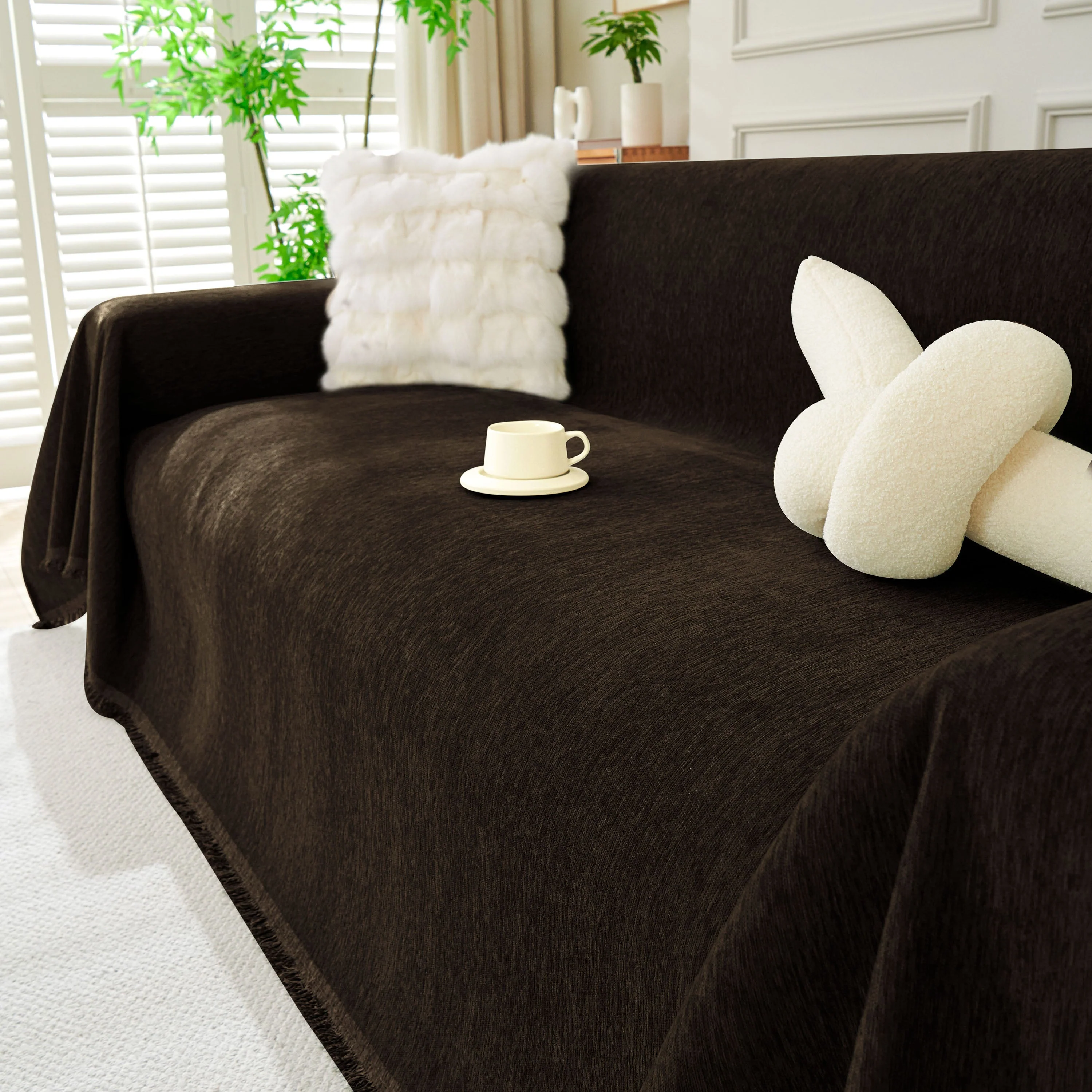 Solid Color Chenille Sofa Throw Blanket, Soft & Plush Decorative Couch Throw Cover - Image 45