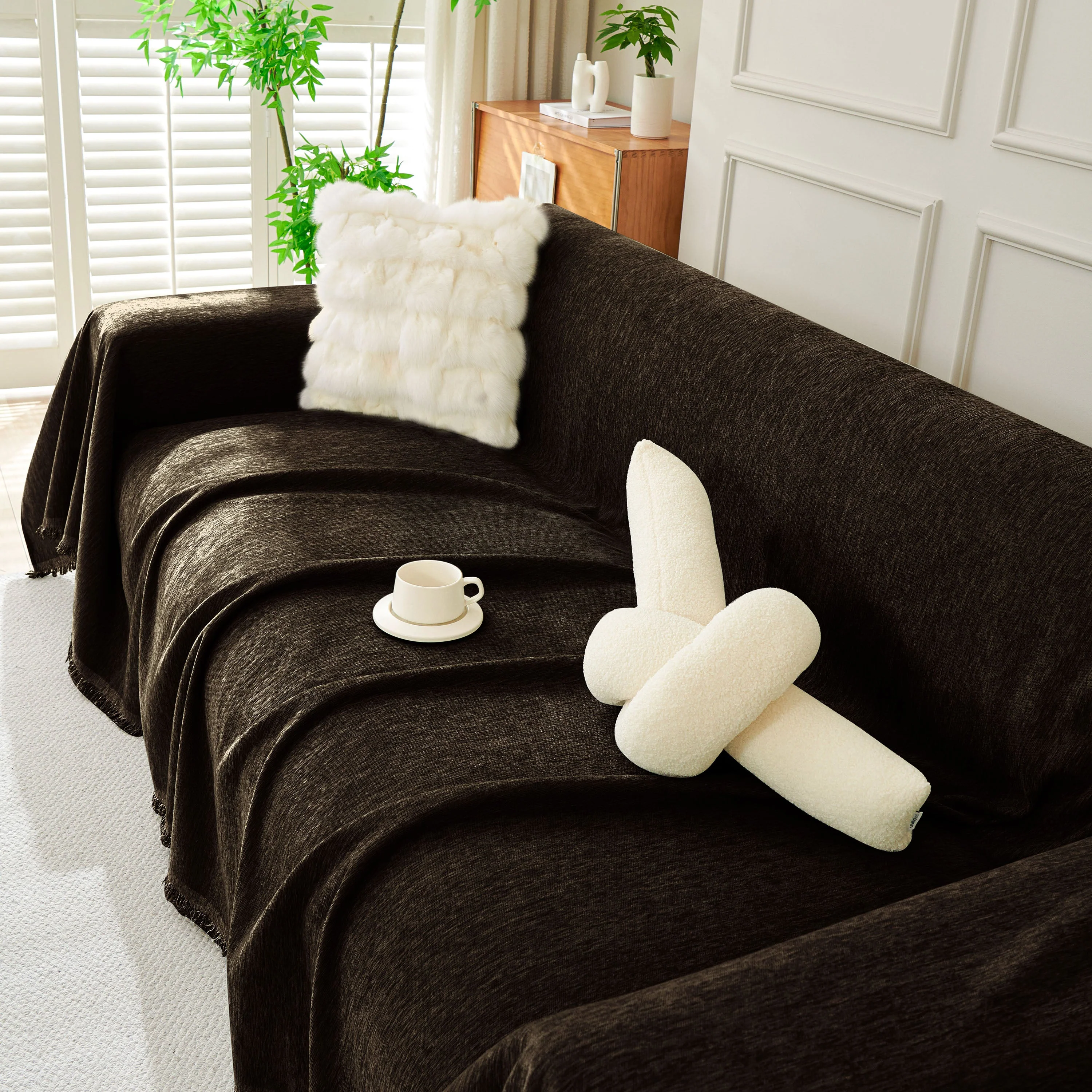 Solid Color Chenille Sofa Throw Blanket, Soft & Plush Decorative Couch Throw Cover - Image 46