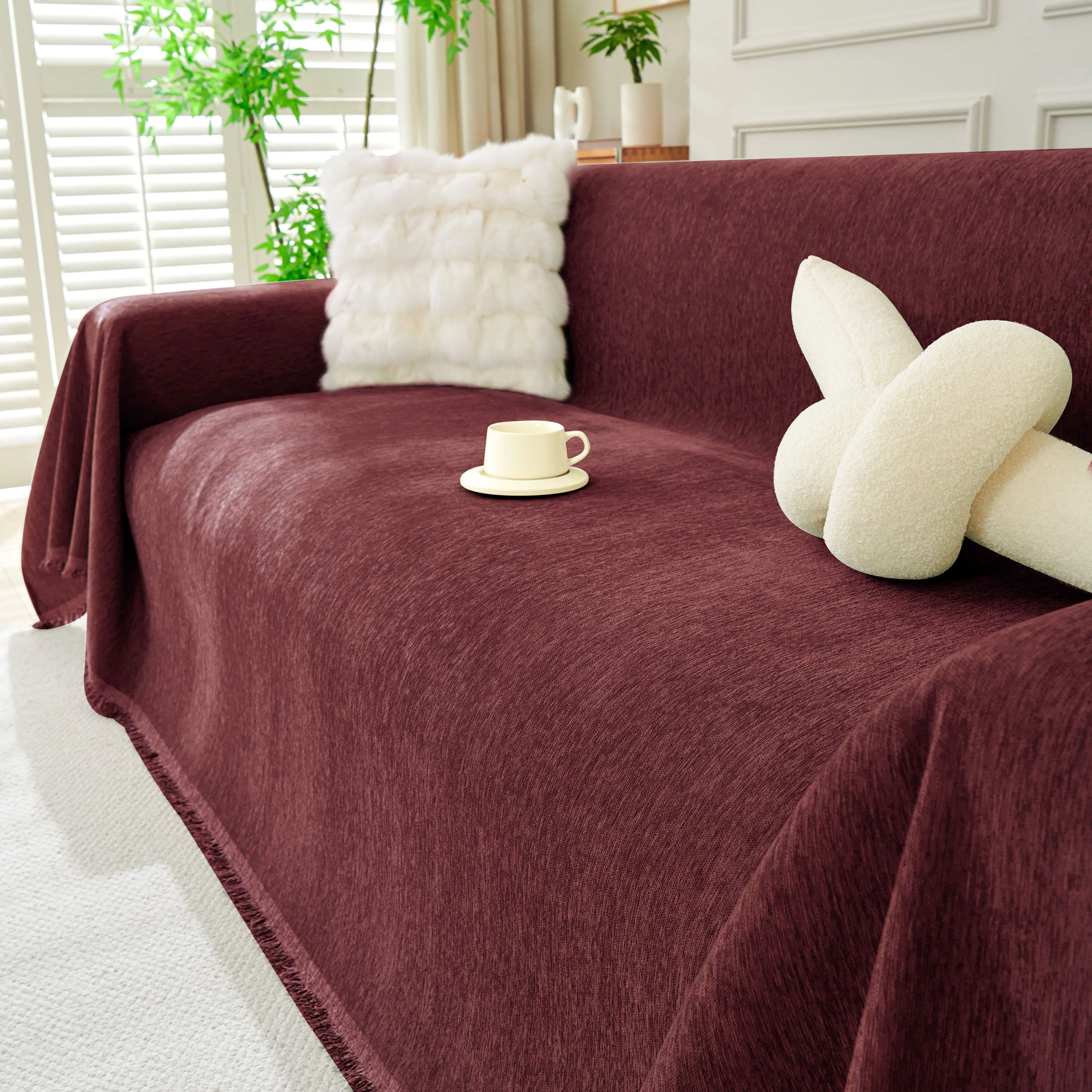 Solid Color Chenille Sofa Throw Blanket, Soft & Plush Decorative Couch Throw Cover - Image 5