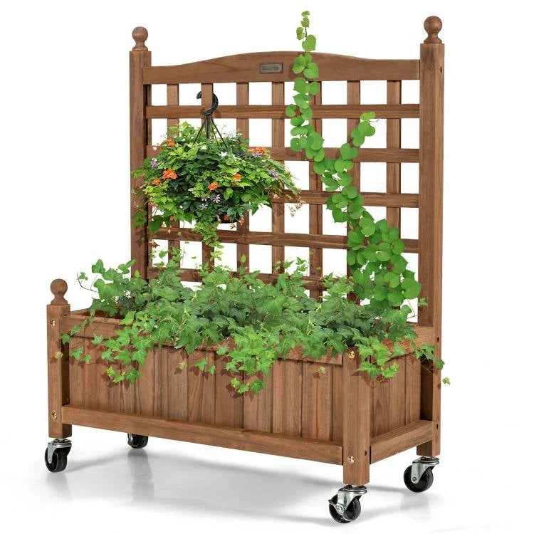 Solid Fir Wood Outdoor Raised Garden Bed Planter Box Cart on Wheels with Trellis - Image 2