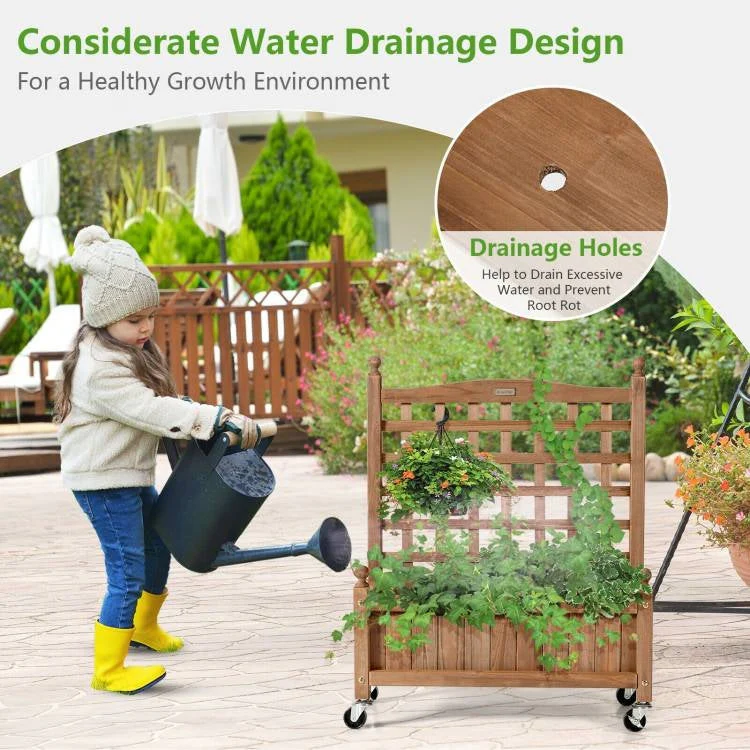 Solid Fir Wood Outdoor Raised Garden Bed Planter Box Cart on Wheels with Trellis - Image 3