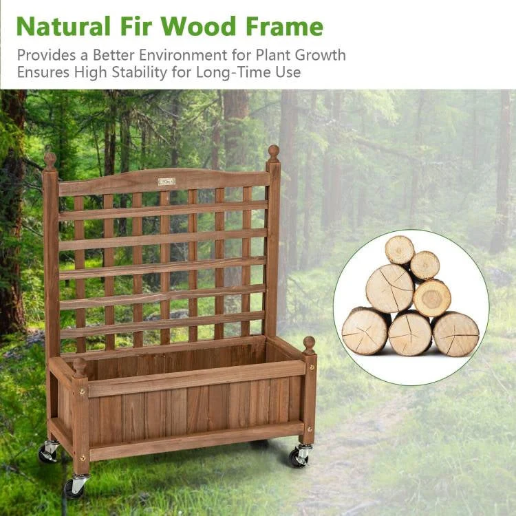 Solid Fir Wood Outdoor Raised Garden Bed Planter Box Cart on Wheels with Trellis - Image 4
