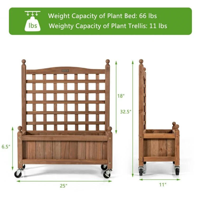 Solid Fir Wood Outdoor Raised Garden Bed Planter Box Cart on Wheels with Trellis - Image 5