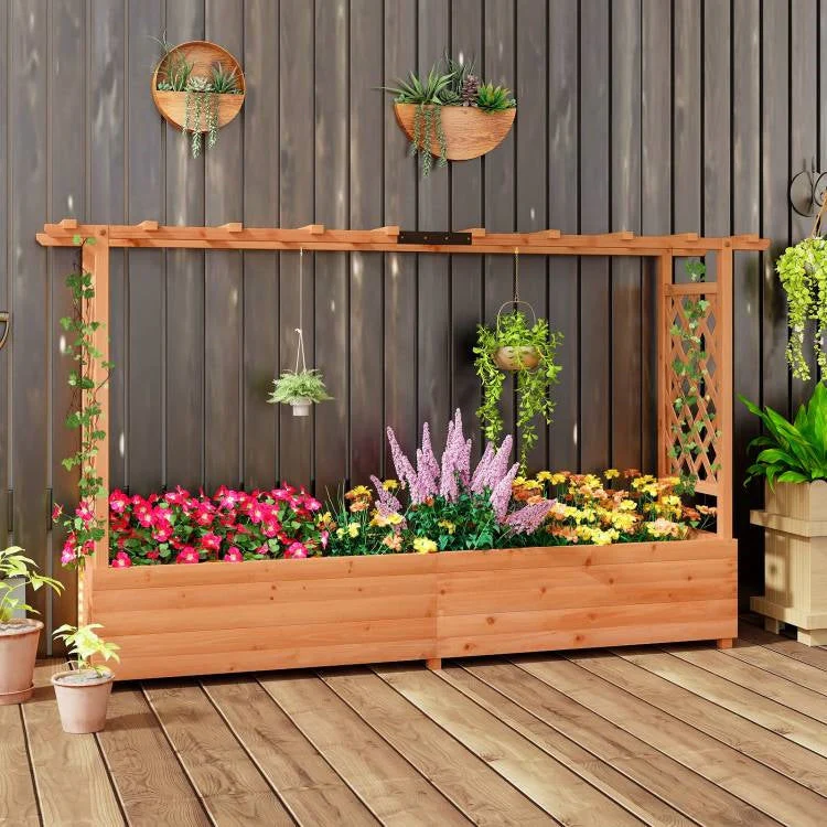 Solid Fir Wood Rectangle Raised Garden Bed with Side Trellis - Image 3