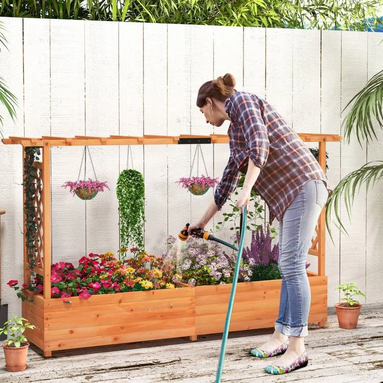Solid Fir Wood Rectangle Raised Garden Bed with Side Trellis - Image 4
