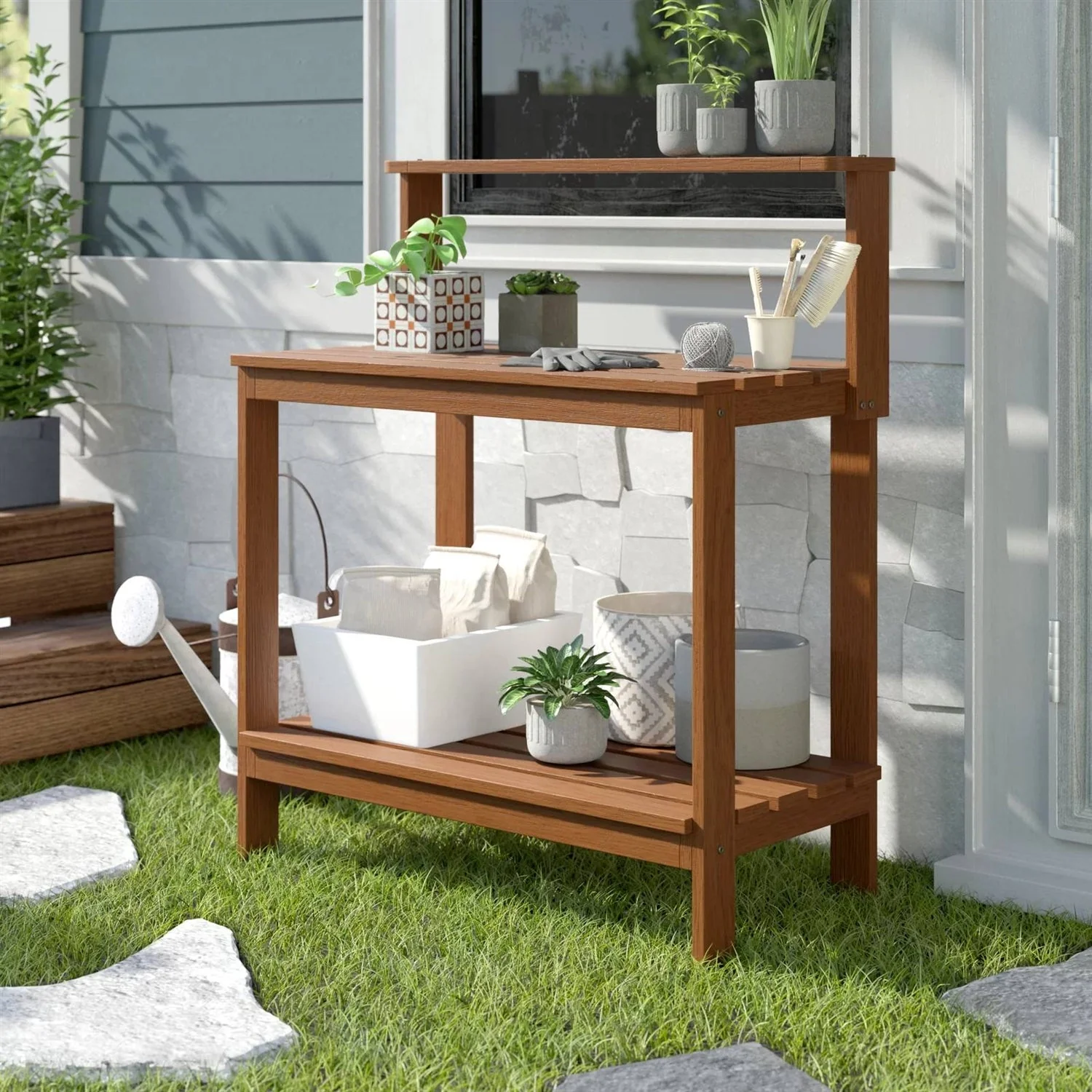 Solid Meranti Wood Outdoor Garden Potting Bench Table with Bottom Shelf - Image 3