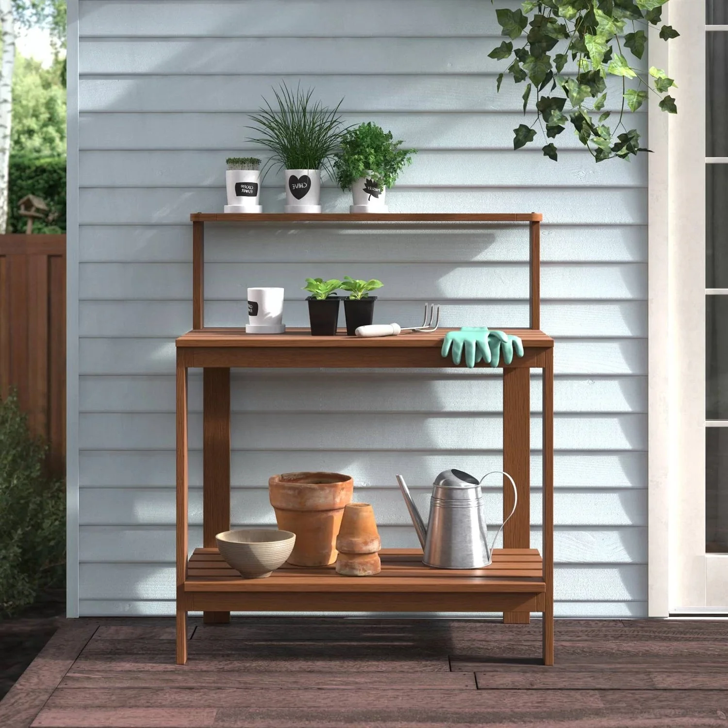Solid Meranti Wood Outdoor Garden Potting Bench Table with Bottom Shelf - Image 4