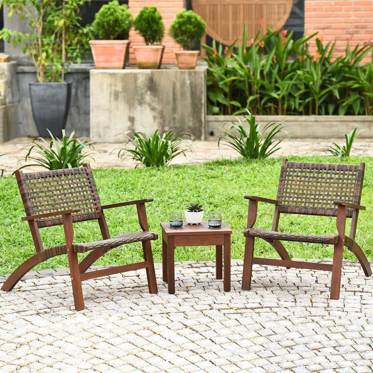 Solid Wood and Rattan 3-Piece Outdoor Patio Furniture Table Chairs Set - Image 2