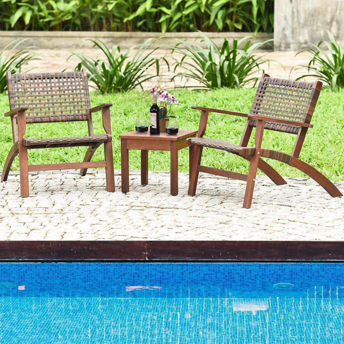 Solid Wood and Rattan 3-Piece Outdoor Patio Furniture Table Chairs Set - Image 3
