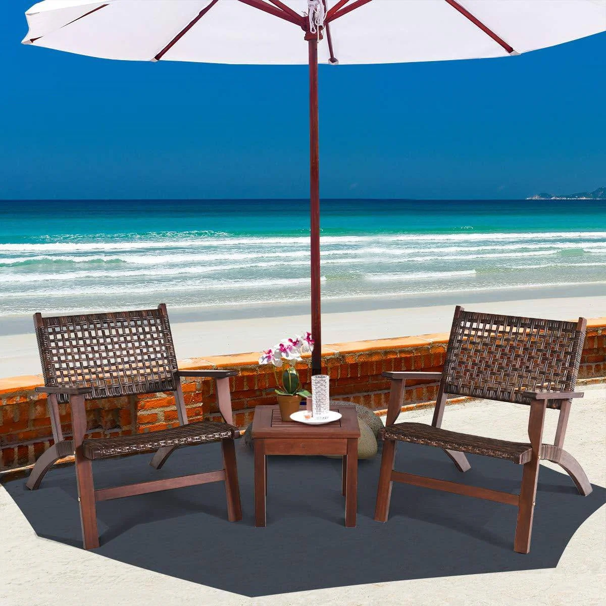 Solid Wood and Rattan 3-Piece Outdoor Patio Furniture Table Chairs Set - Image 4