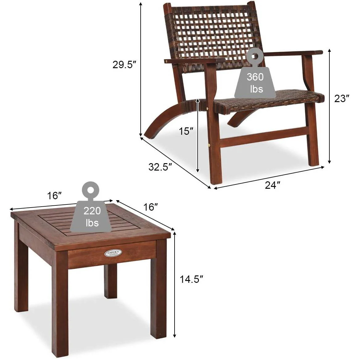 Solid Wood and Rattan 3-Piece Outdoor Patio Furniture Table Chairs Set - Image 5
