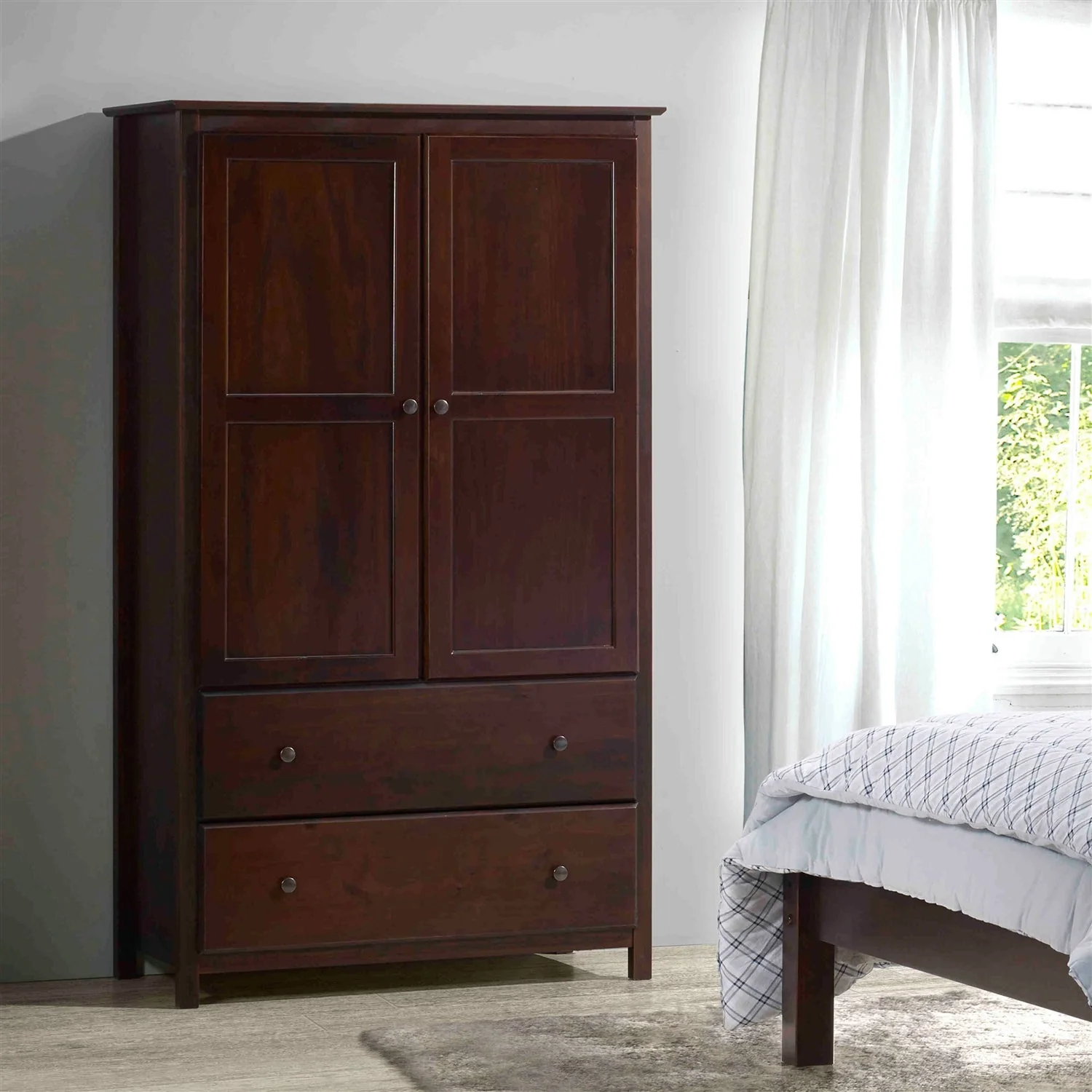 Solid Wood Bedroom Armoire Wardrobe Cabinet with Hanging Bar in Cherry Finish - Image 2