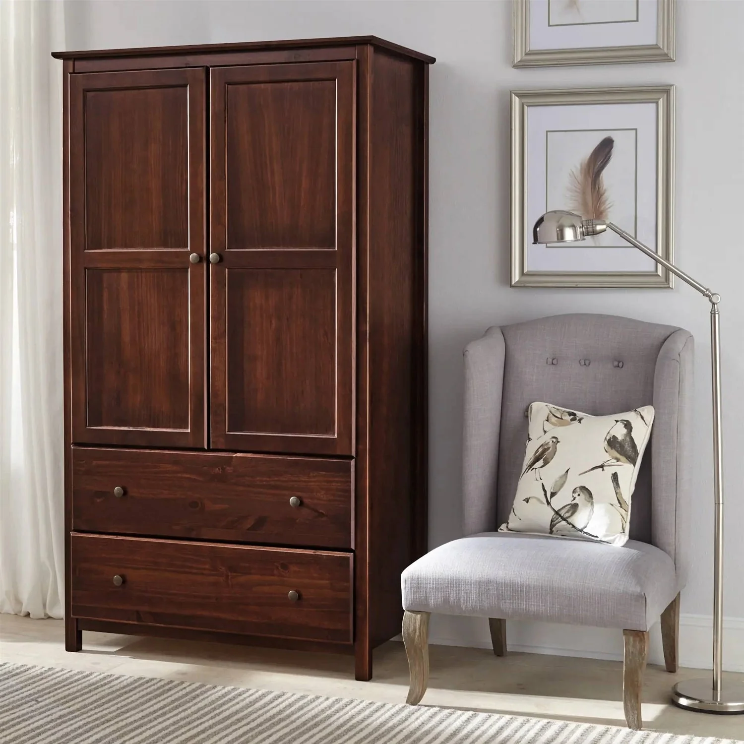 Solid Wood Bedroom Armoire Wardrobe Cabinet with Hanging Bar in Cherry Finish - Image 3