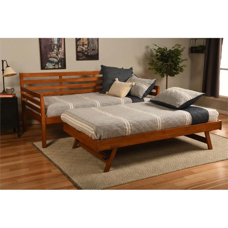 Solid Wood Day Bed Frame with Pull-out Pop Up Trundle Bed in Medium Brown - Image 5