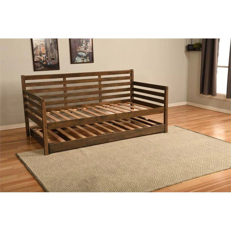 Solid Wood Daybed Frame with Twin Pop-Up Trundle Bed in Walnut Finish - Image 4