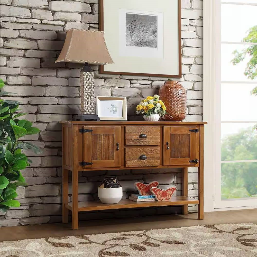 Solid Wood Farmhouse Console Table Buffet Cabinet with Storage Drawers in Brown - Image 2