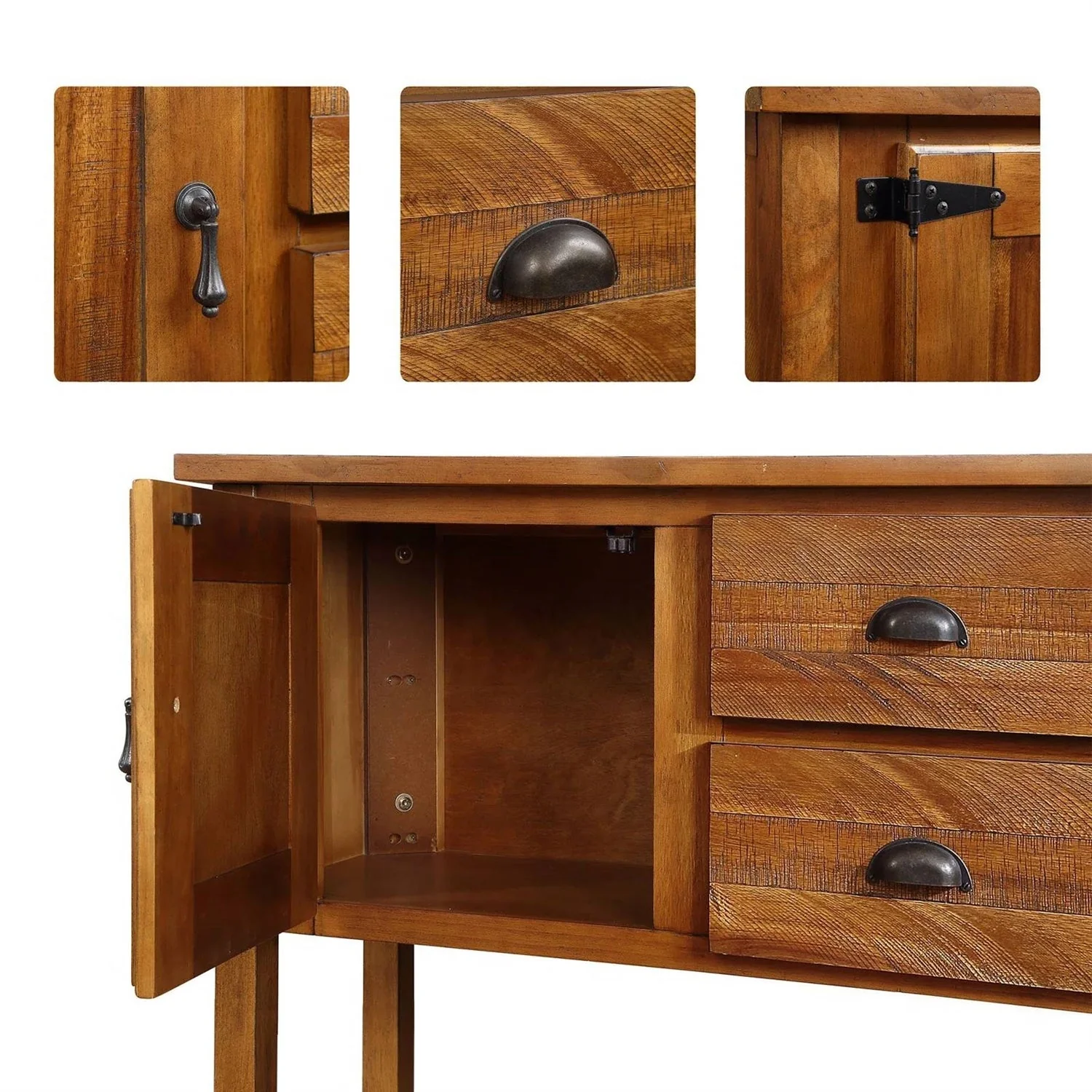 Solid Wood Farmhouse Console Table Buffet Cabinet with Storage Drawers in Brown - Image 4