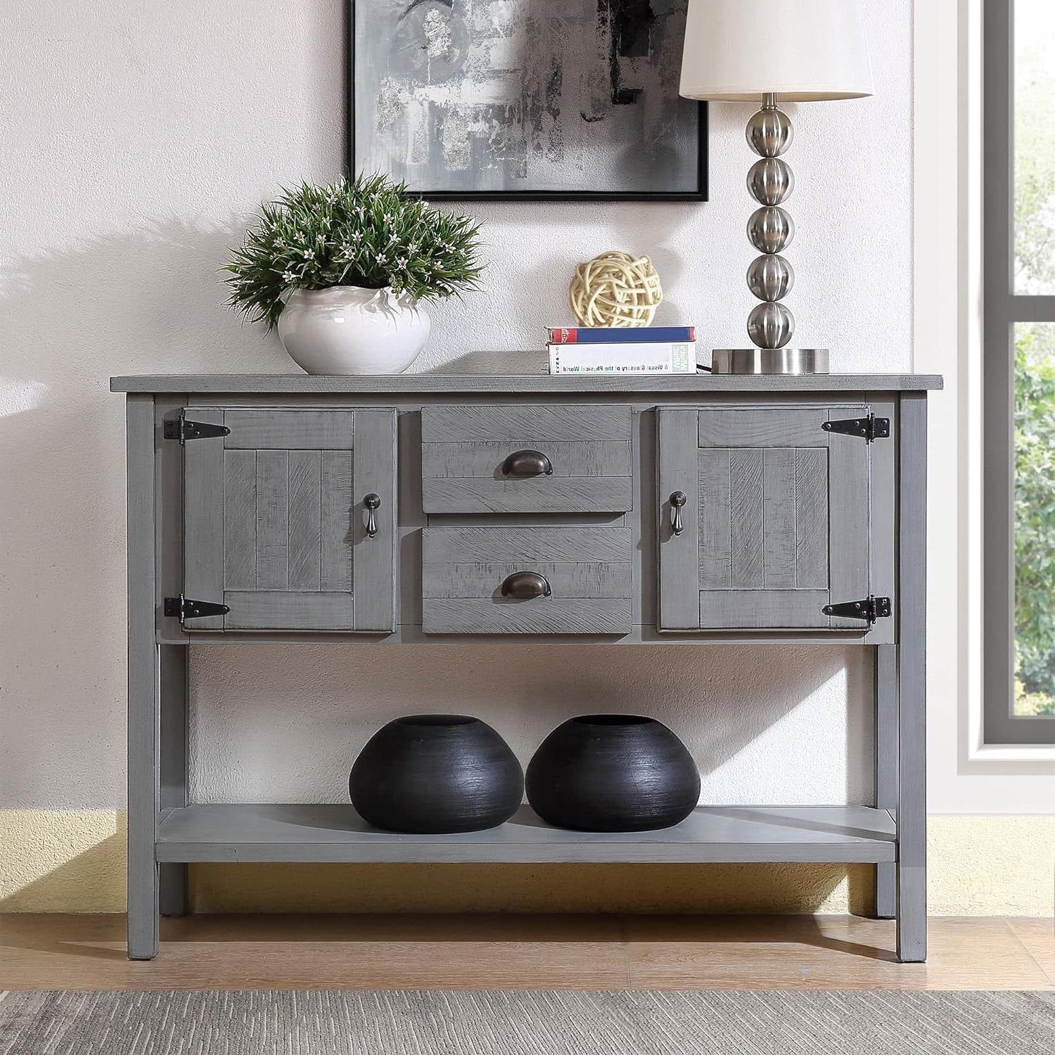 Solid Wood Farmhouse Sofa Table Sideboard Cabinet with Storage Drawers in Grey - Image 2