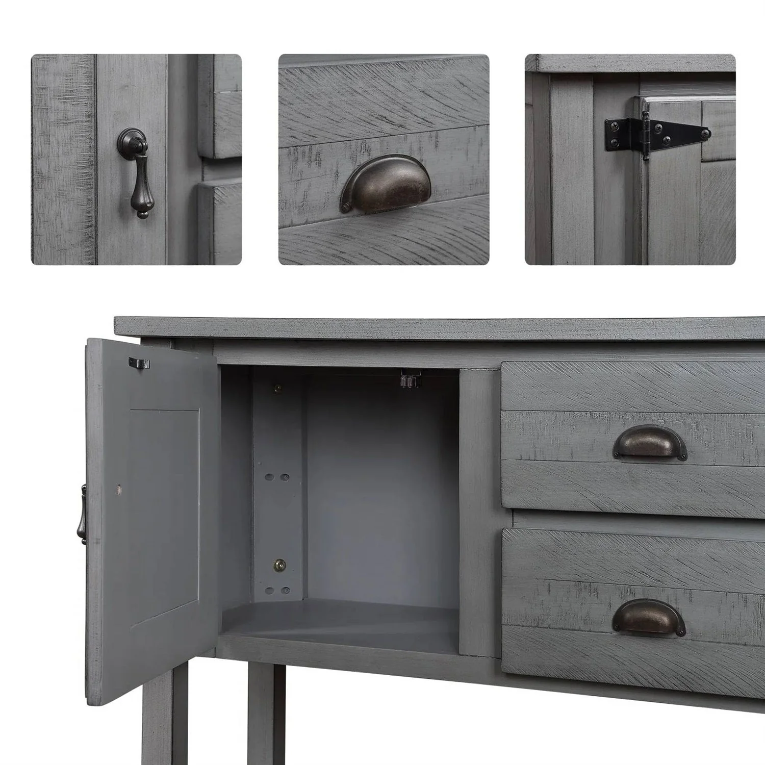 Solid Wood Farmhouse Sofa Table Sideboard Cabinet with Storage Drawers in Grey - Image 4