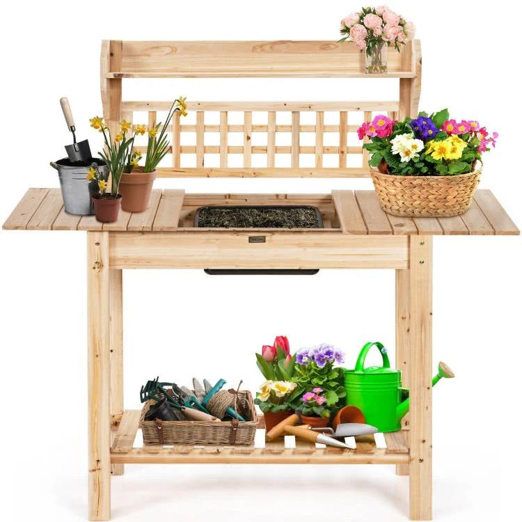 Solid Wood Garden Potting Bench Table with Bottom Shelf and Removeable Sink - Image 2