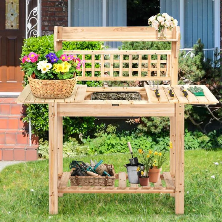 Solid Wood Garden Potting Bench Table with Bottom Shelf and Removeable Sink - Image 3