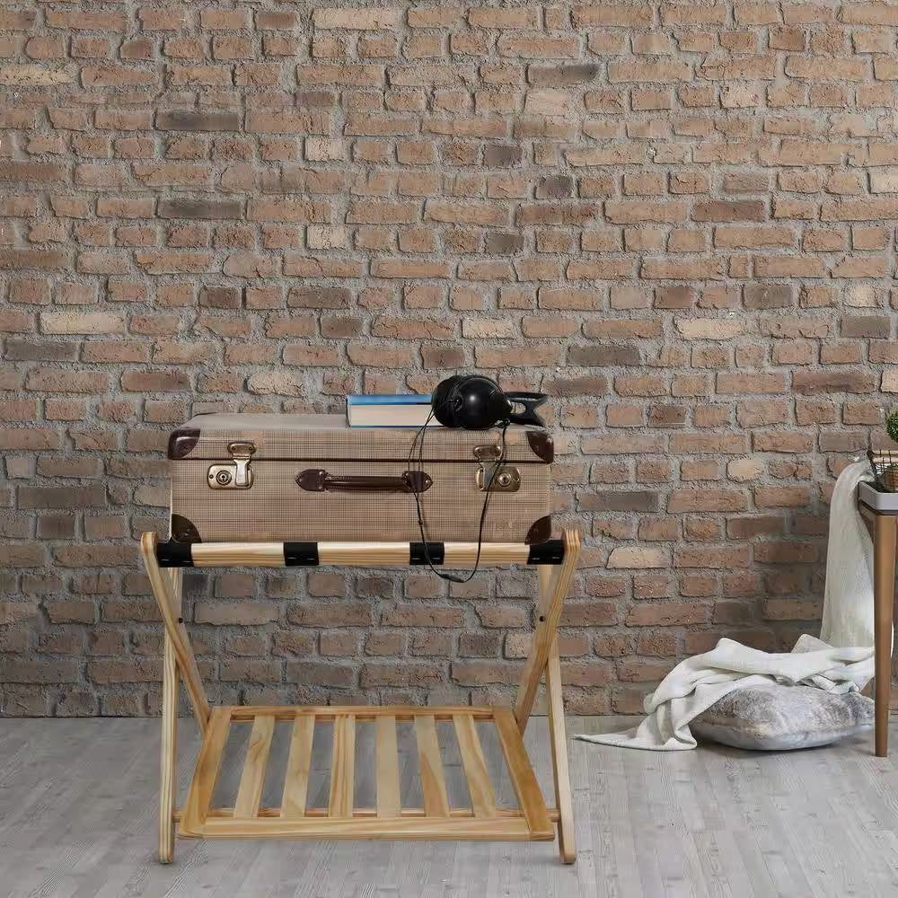 Solid Wood Luggage Rack with Bottom Storage Shelf in Natural with Black Straps - Image 2