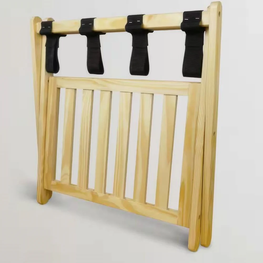 Solid Wood Luggage Rack with Bottom Storage Shelf in Natural with Black Straps - Image 3