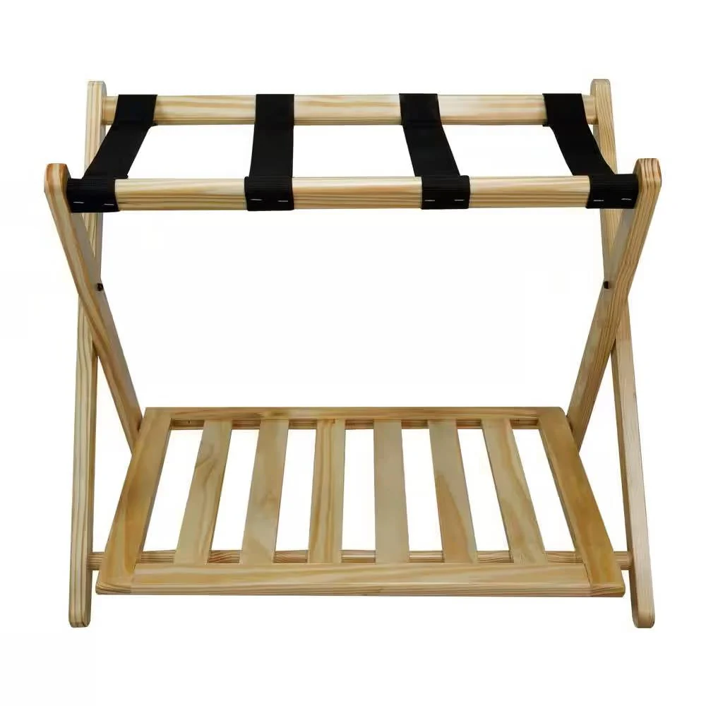 Solid Wood Luggage Rack with Bottom Storage Shelf in Natural with Black Straps - Image 4