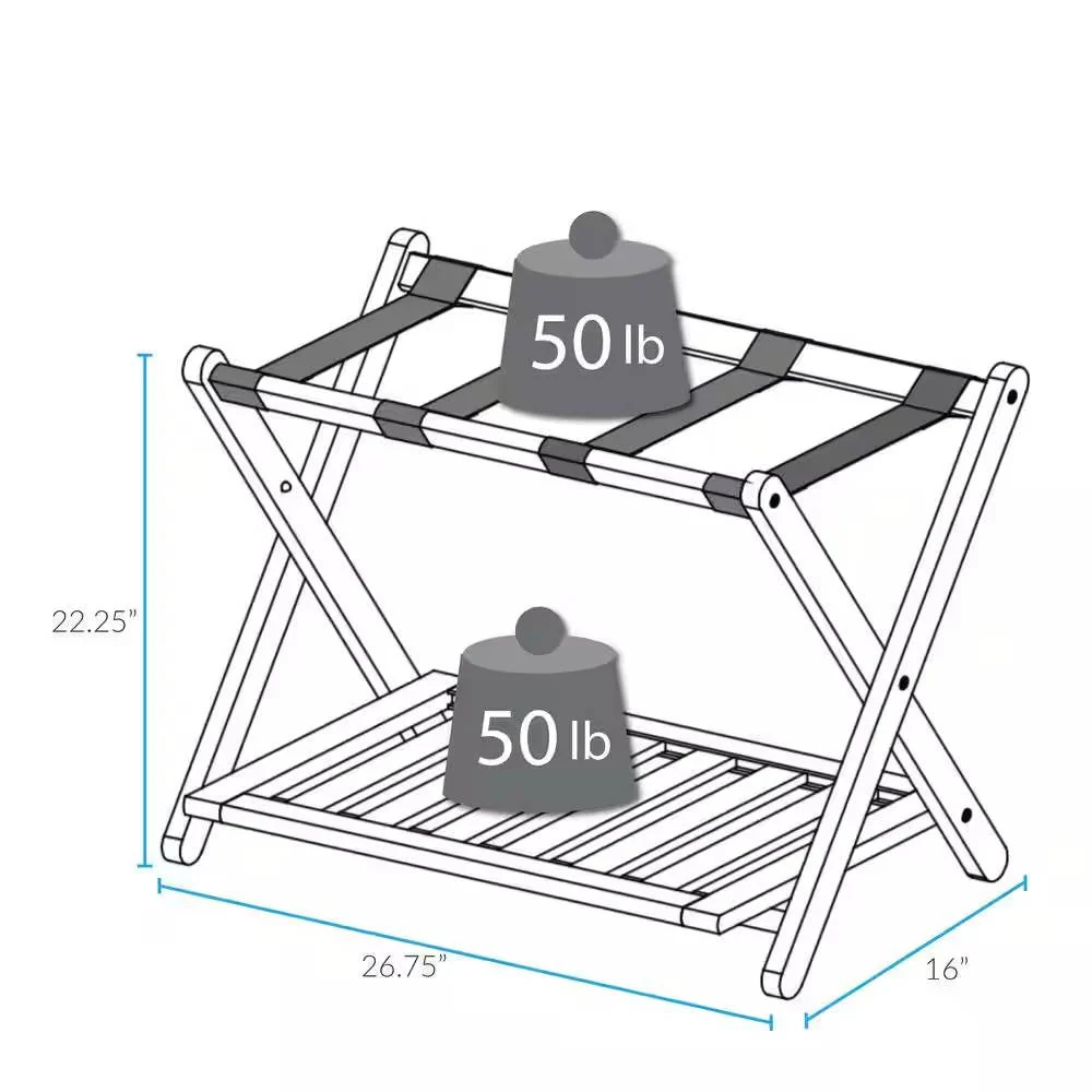 Solid Wood Luggage Rack with Bottom Storage Shelf in Natural with Black Straps - Image 5