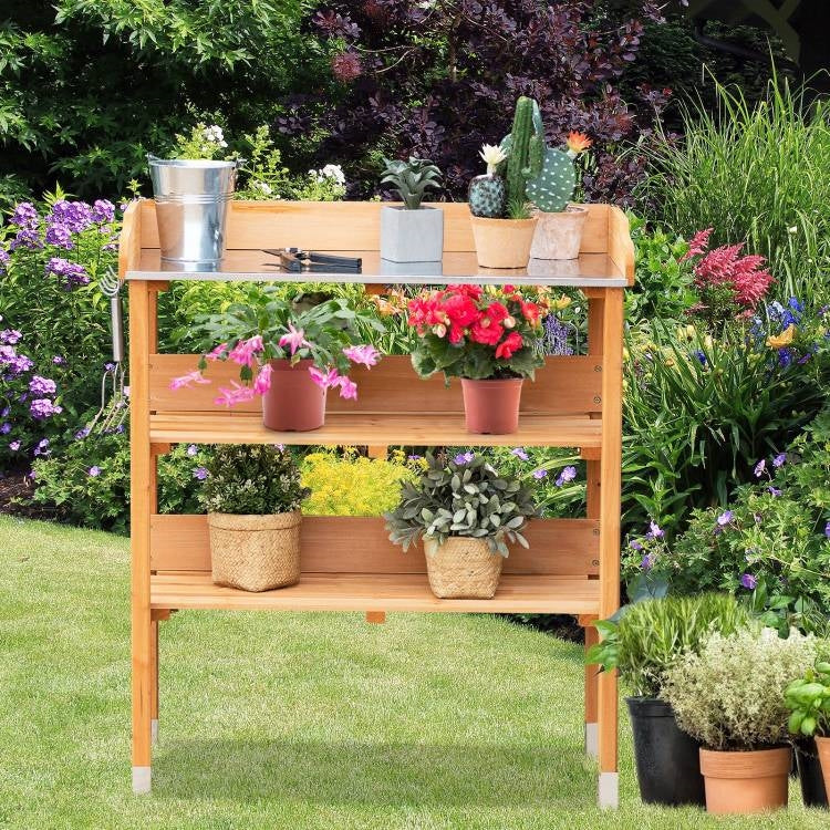 Solid Wood Outdoor Garden Bench Table with Bottom Storage Shelves and Metal Top - Image 2