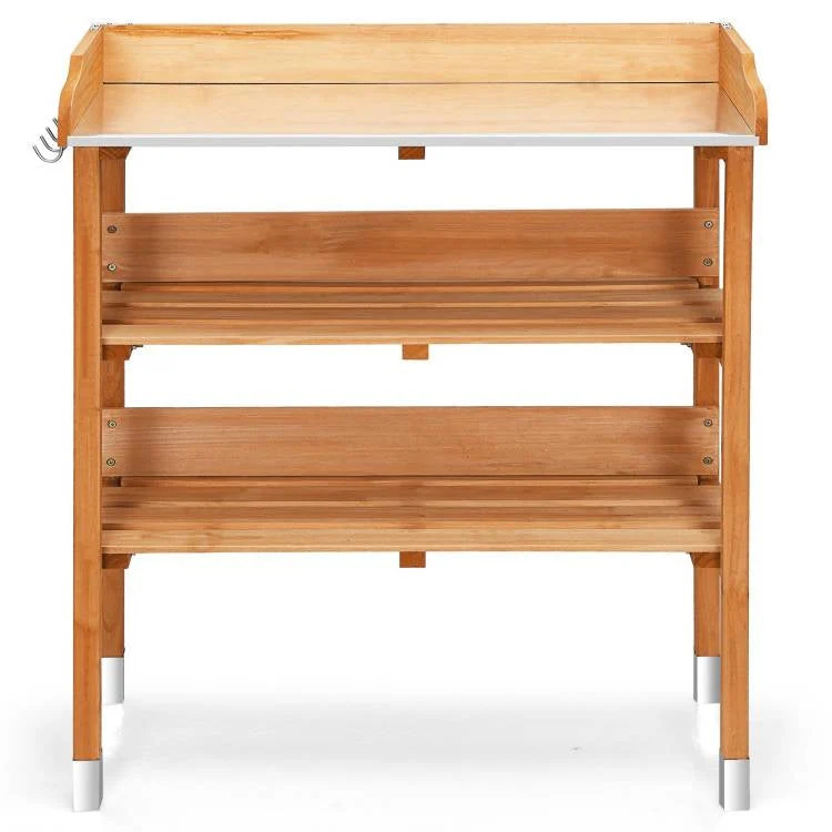 Solid Wood Outdoor Garden Bench Table with Bottom Storage Shelves and Metal Top - Image 3
