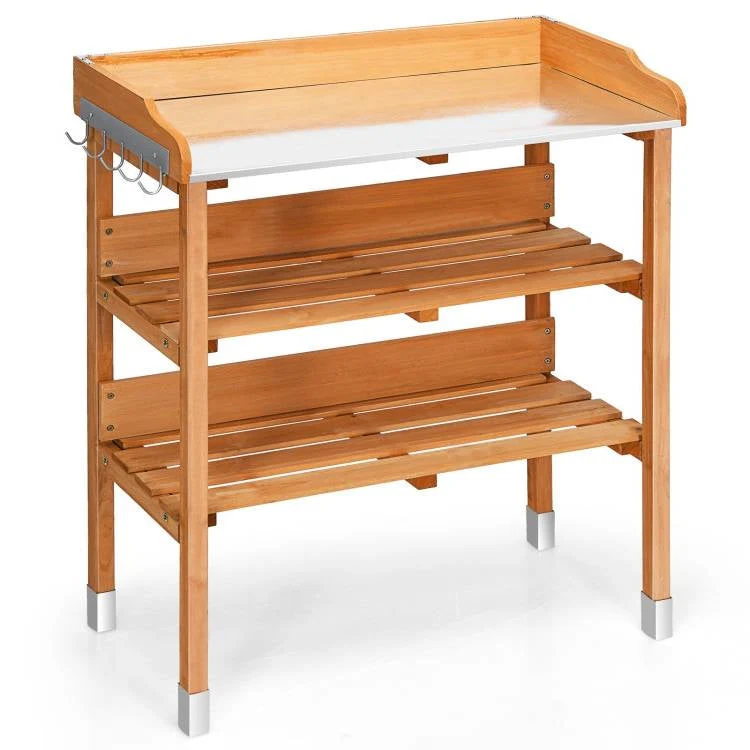 Solid Wood Outdoor Garden Bench Table with Bottom Storage Shelves and Metal Top - Image 4