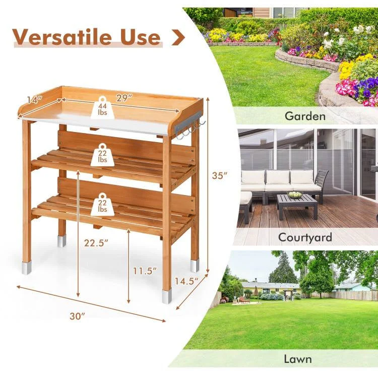 Solid Wood Outdoor Garden Bench Table with Bottom Storage Shelves and Metal Top - Image 5