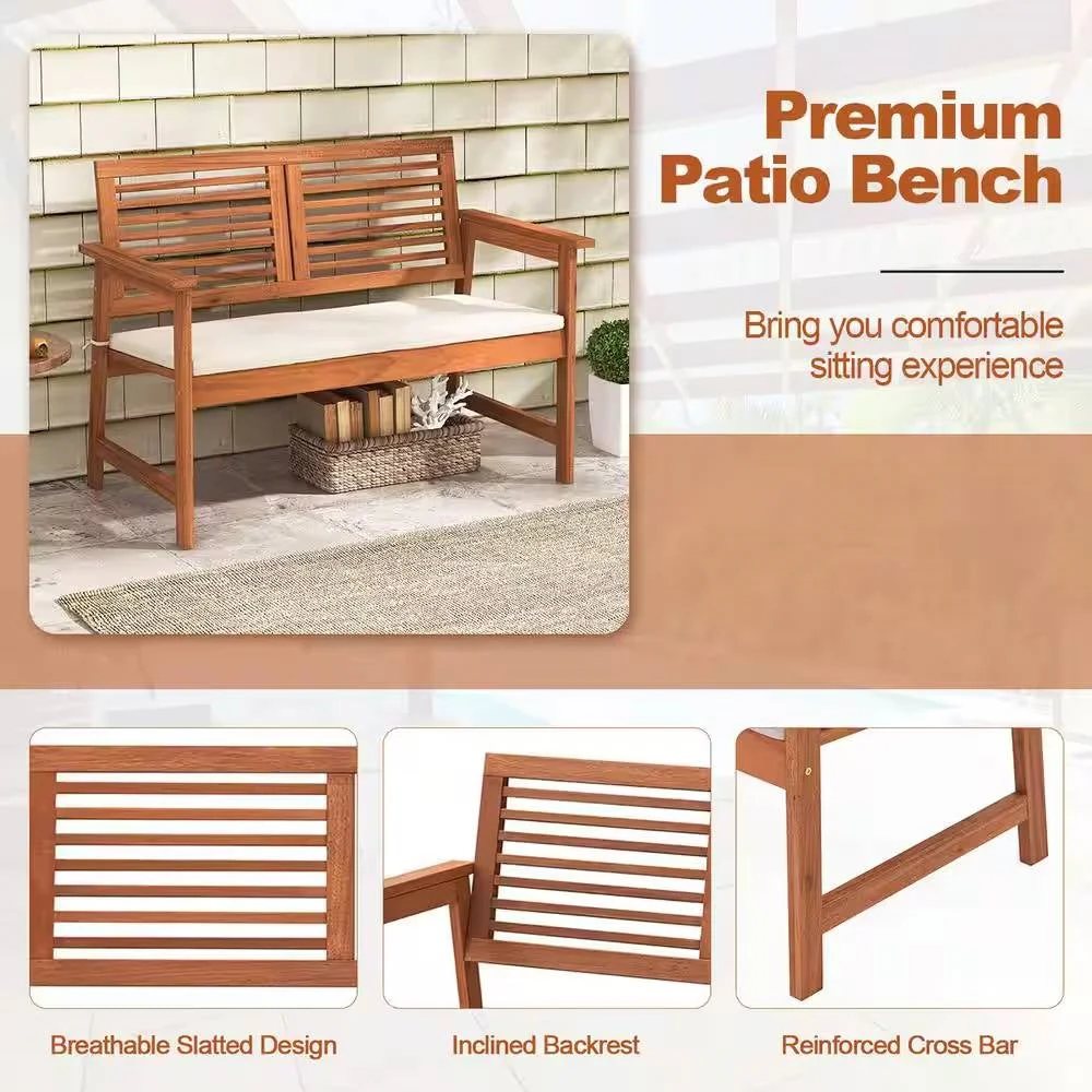 Solid Wood Outdoor Patio Garden Bench w/ Slatted Back Armrests and Seat Cushion - Image 2