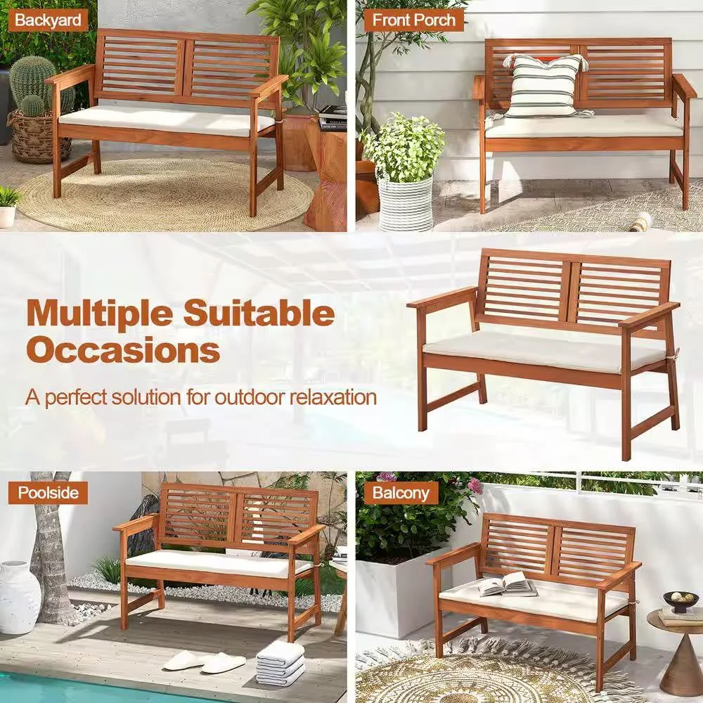 Solid Wood Outdoor Patio Garden Bench w/ Slatted Back Armrests and Seat Cushion - Image 3