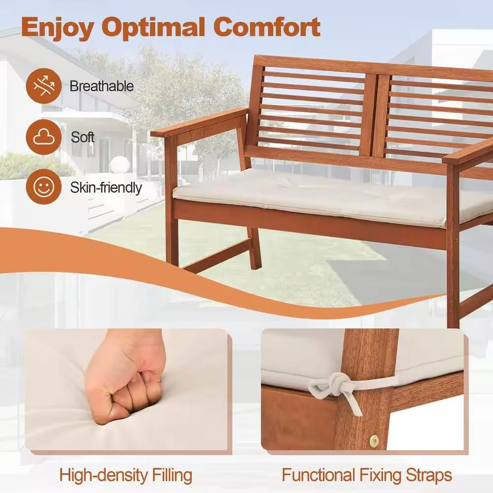 Solid Wood Outdoor Patio Garden Bench w/ Slatted Back Armrests and Seat Cushion - Image 4