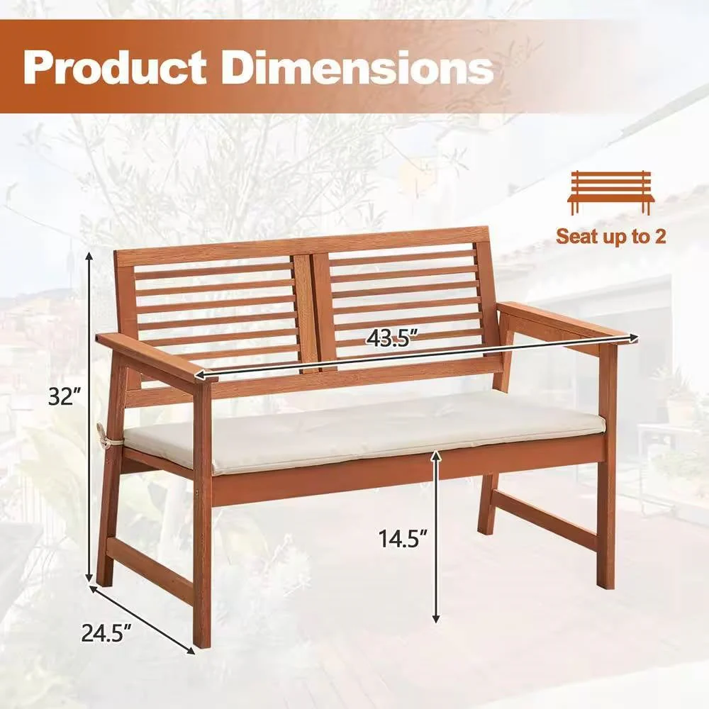 Solid Wood Outdoor Patio Garden Bench w/ Slatted Back Armrests and Seat Cushion - Image 5