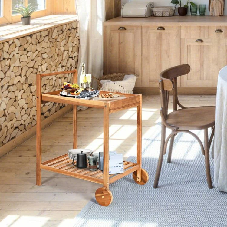 Solid Wood Rolling Serving Cart Kitchen Island with Bottom Shelf - Image 2