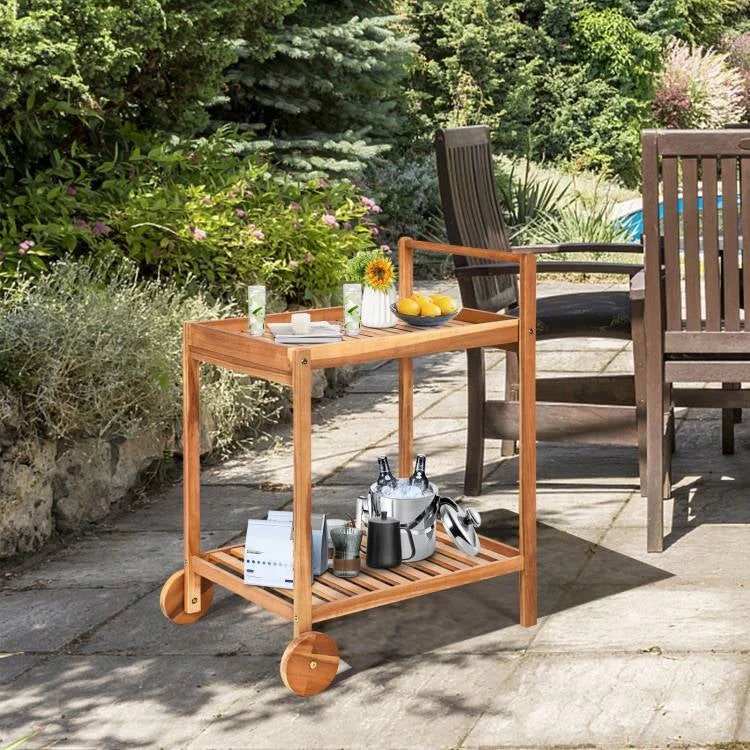 Solid Wood Rolling Serving Cart Kitchen Island with Bottom Shelf - Image 3