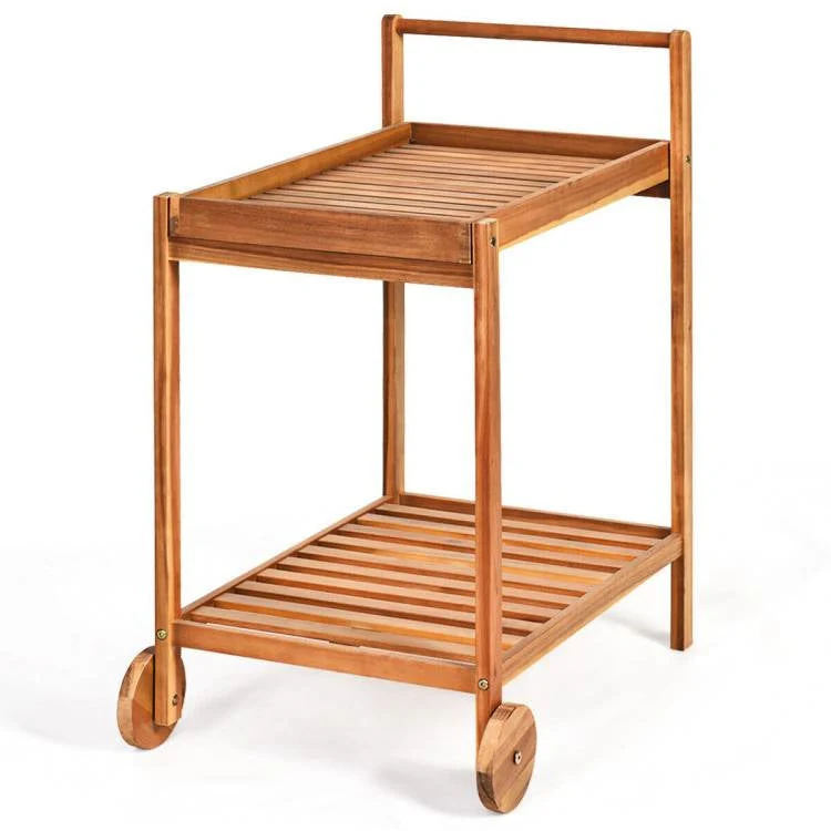 Solid Wood Rolling Serving Cart Kitchen Island with Bottom Shelf - Image 4