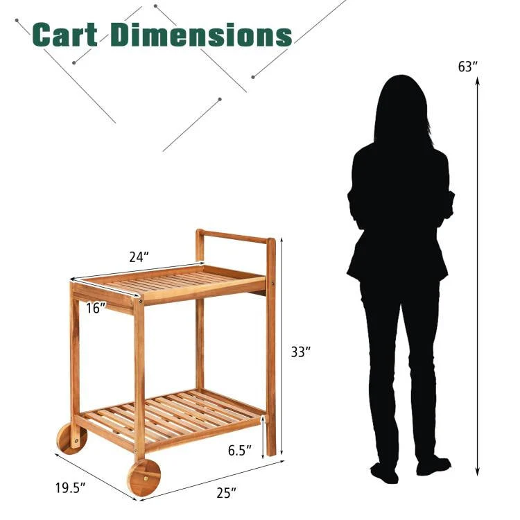 Solid Wood Rolling Serving Cart Kitchen Island with Bottom Shelf - Image 5