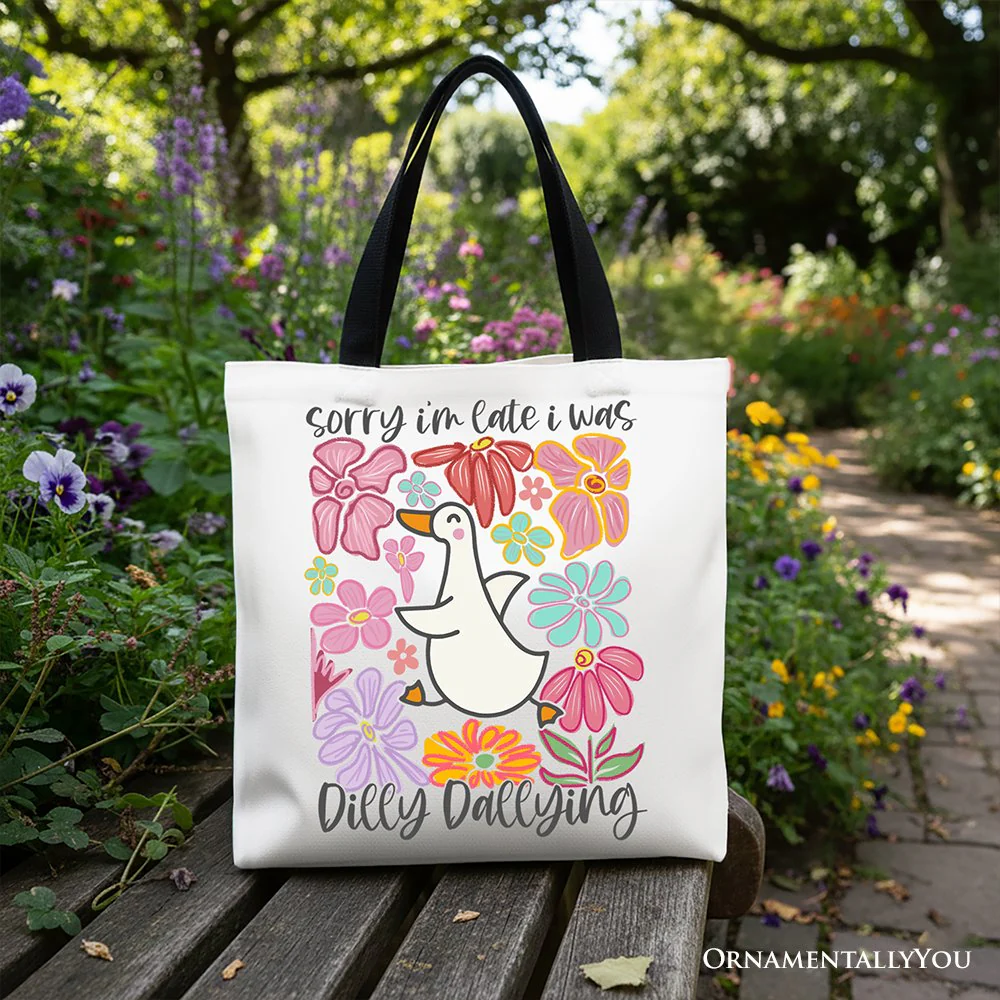 Sorry I'm Late I Was Dilly Dallying Goose Canvas Tote Bag, Cute Flowers Women Gift - Image 4
