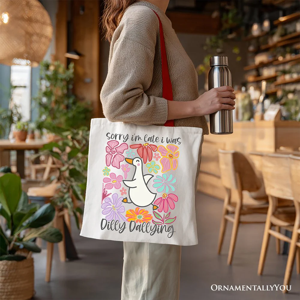 Sorry I'm Late I Was Dilly Dallying Goose Canvas Tote Bag, Cute Flowers Women Gift - Image 6