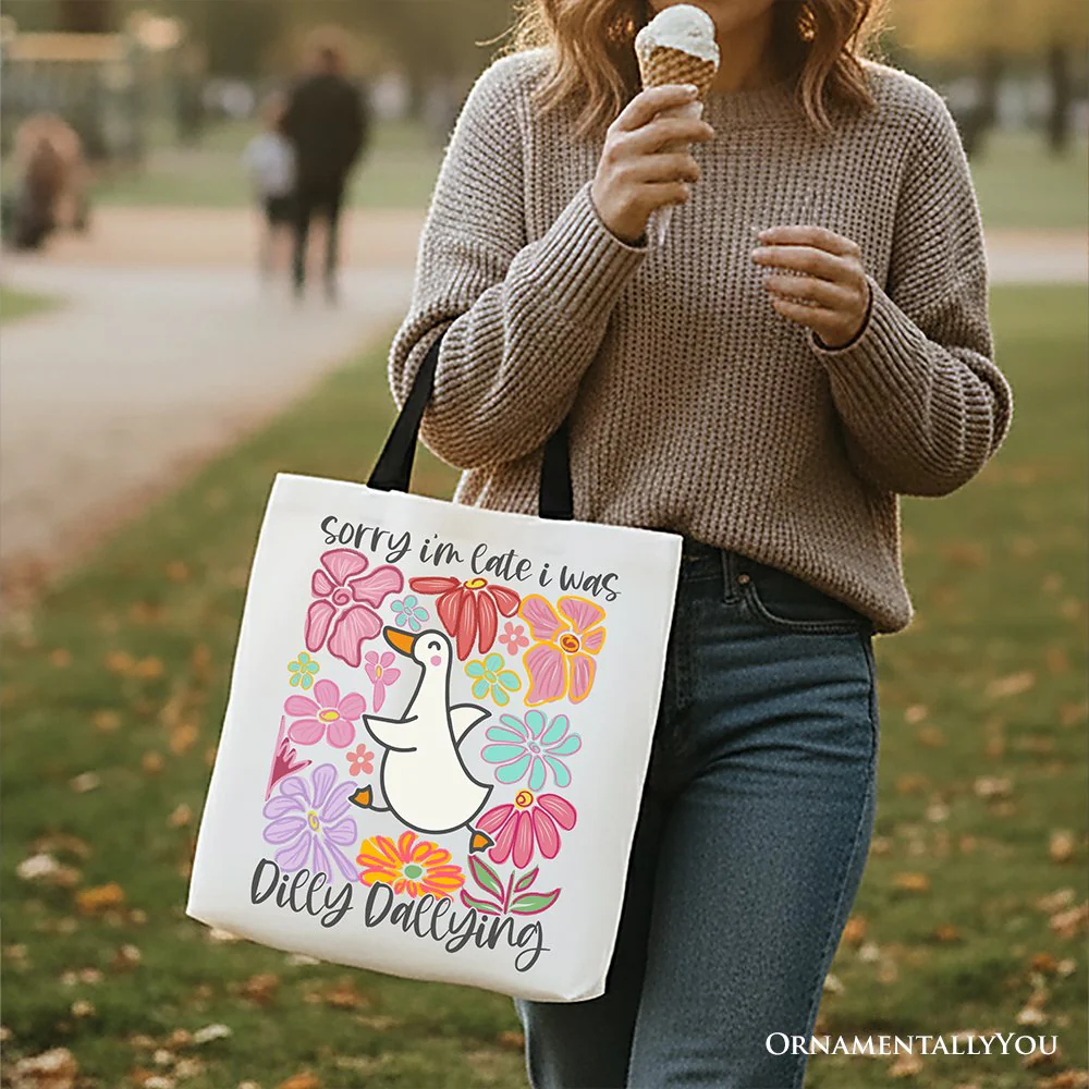 Sorry I'm Late I Was Dilly Dallying Goose Canvas Tote Bag, Cute Flowers Women Gift - Image 7